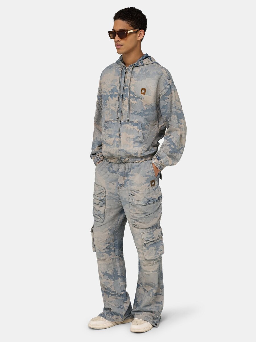 SUDADERA CON CAPUCHA Y CREMALLERA DE DENIM JACQUARD CAMUFLAJE