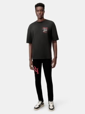 PANTALONES DE JEANS SKINNY CON LOGO DESCALADO – Negro Rojo